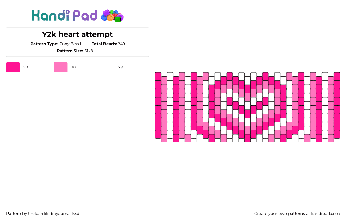 Y2k heart attempt - Pony Bead Pattern by thekandikidinyourwallsxd on Kandi Pad - heart,love,valentine,stripes,bright,cuff,pink,white