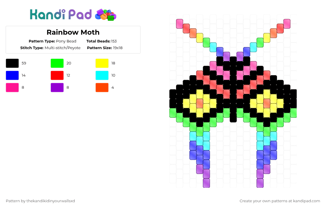 Rainbow Moth - Pony Bead Pattern by thekandikidinyourwallsxd on Kandi Pad - red,yellow,green,purple
