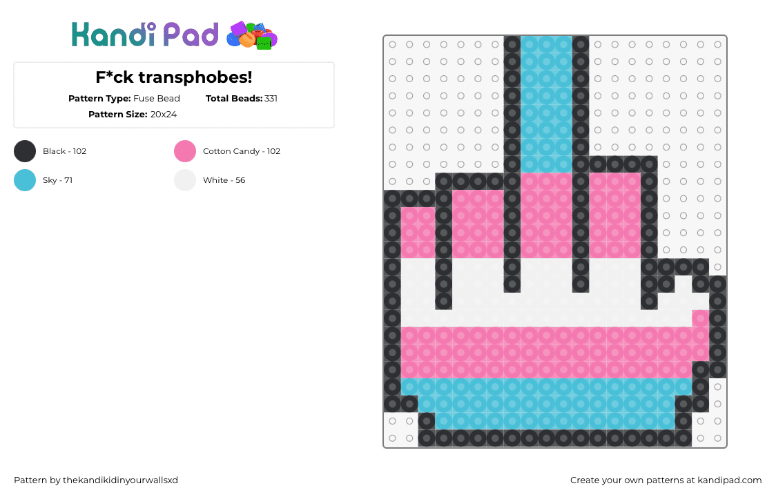 F*ck transphobes! - Fuse Bead Pattern by thekandikidinyourwallsxd on Kandi Pad - middle finger,trans,hand,pride,pink,light blue