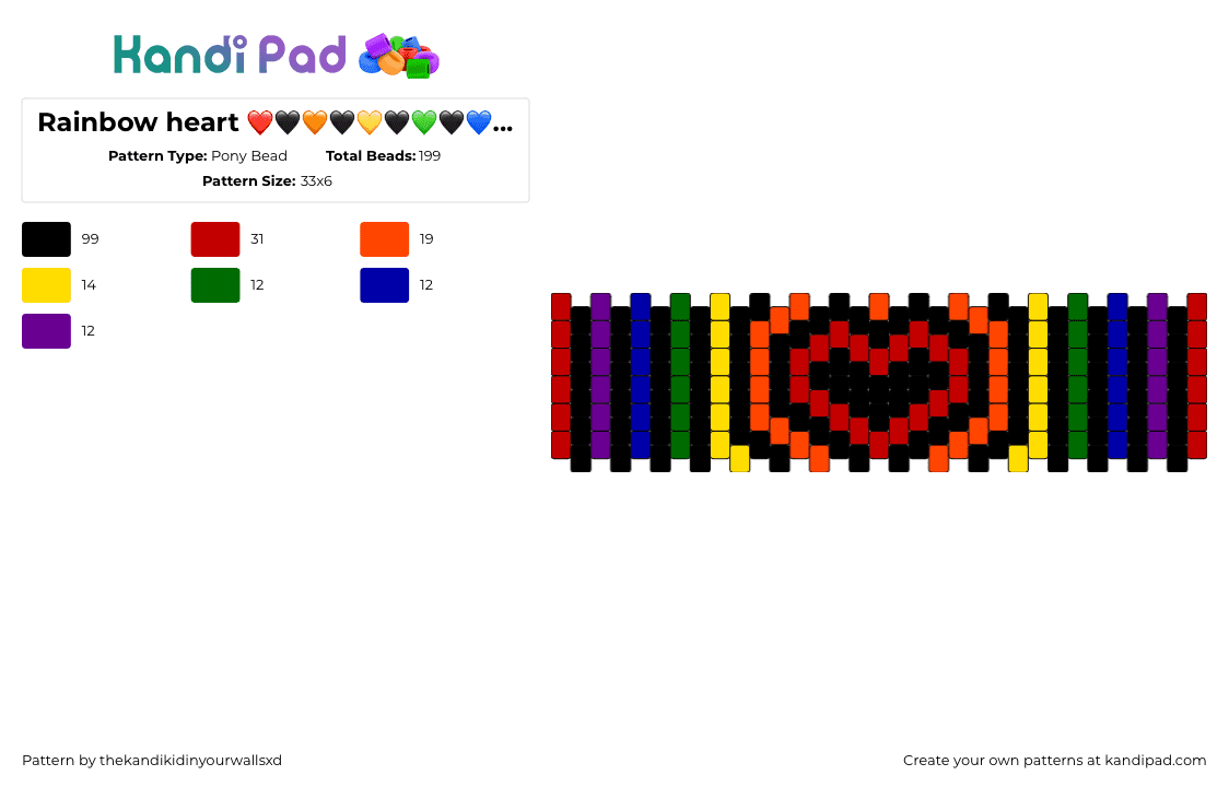 Rainbow heart ❤️🖤🧡🖤💛🖤💚🖤💙🖤💜 - Pony Bead Pattern by thekandikidinyourwallsxd on Kandi Pad - heart,love,rainbow,valentine,stripes,cuff,red,yellow