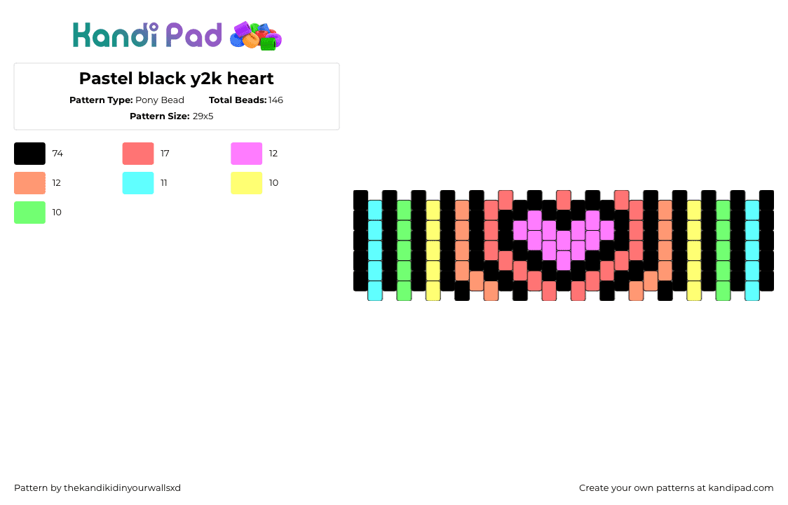 Pastel black y2k heart - Pony Bead Pattern by thekandikidinyourwallsxd on Kandi Pad - heart,pastel,stripes,colorful,love,valentine,pink,light blue,black