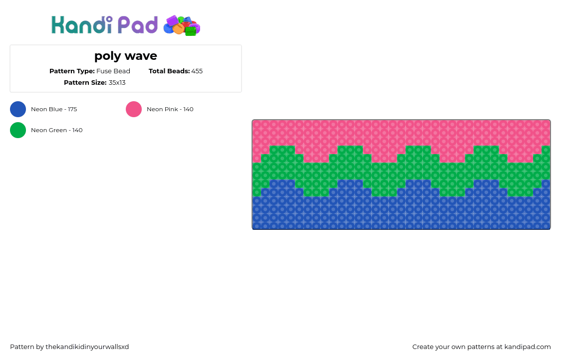 poly wave - Fuse Bead Pattern by thekandikidinyourwallsxd on Kandi Pad - polysexual,pride,wave,zig zag,pink,green,blue