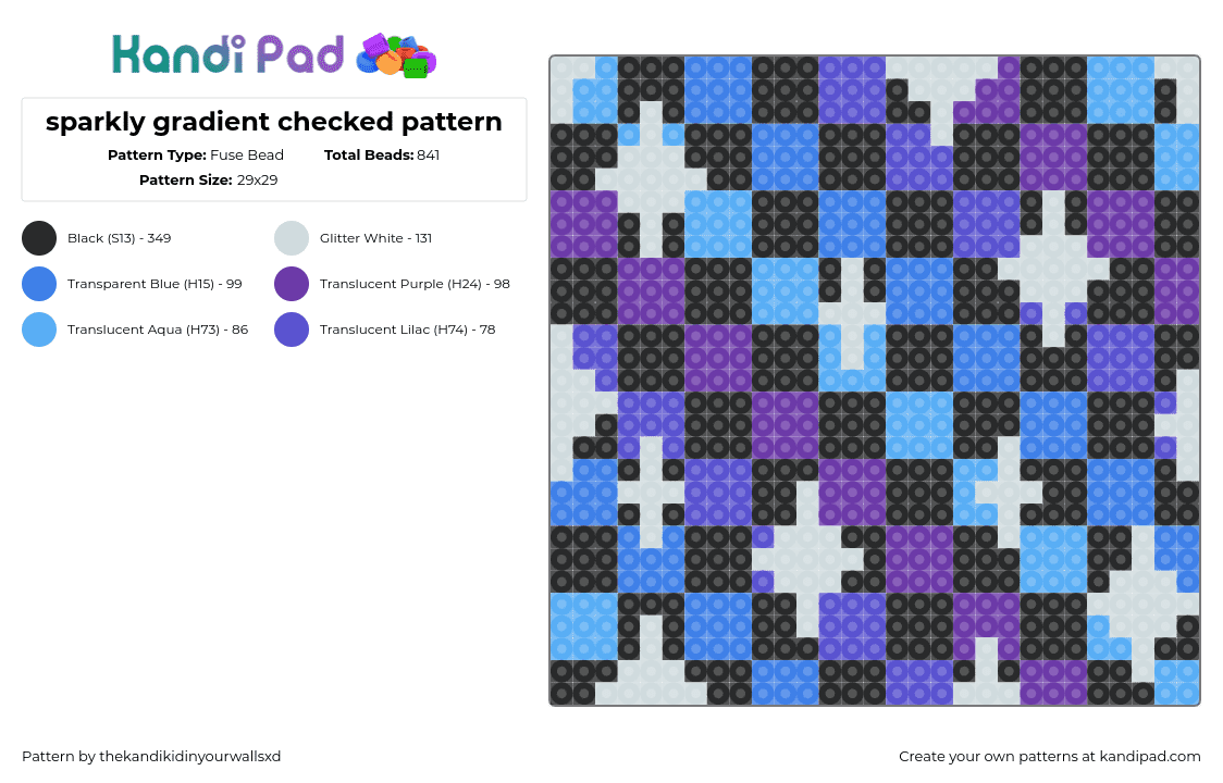 sparkly gradient checked pattern - Fuse Bead Pattern by thekandikidinyourwallsxd on Kandi Pad - checkered,gradient,sparkles,scene,panel,black,light blue,purple,blue