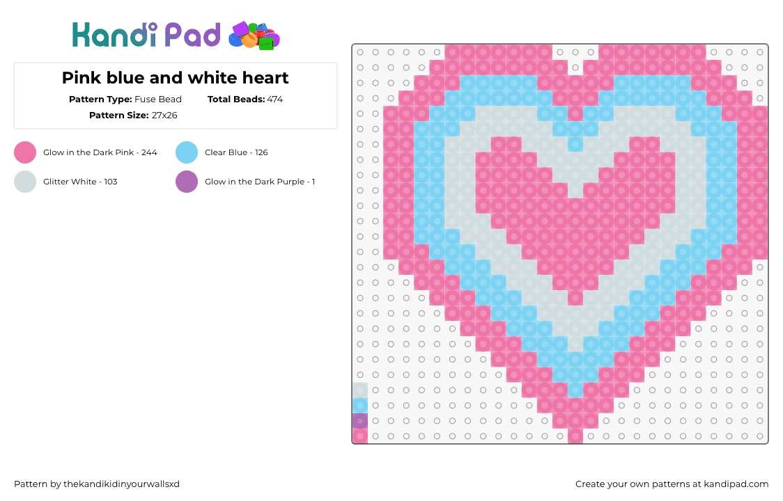 Pink blue and white heart - Fuse Bead Pattern by thekandikidinyourwallsxd on Kandi Pad - heart,love,valentine,pink,light blue