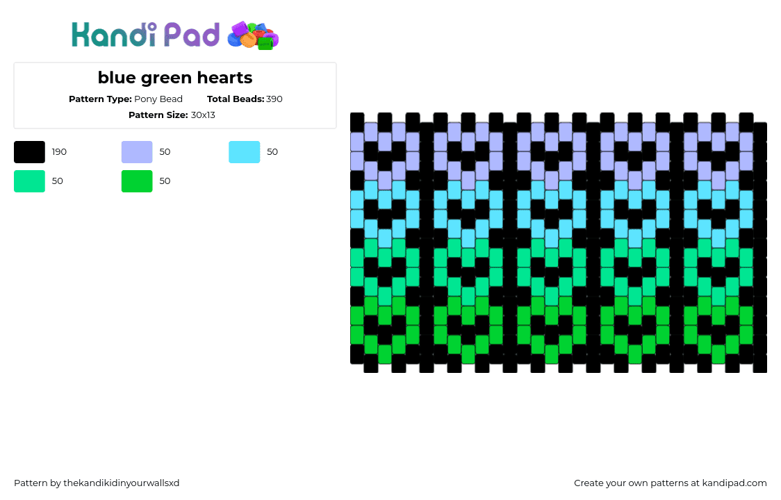 blue green hearts - Pony Bead Pattern by thekandikidinyourwallsxd on Kandi Pad - hearts,gradient,love,panel,cuff,dark,green,teal,light blue,purple