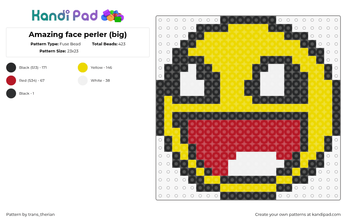 Amazing face perler (big) - Fuse Bead Pattern by trans_therian on Kandi Pad - epic face,smiley,roblox,emoji,video game,mouth,yellow,red