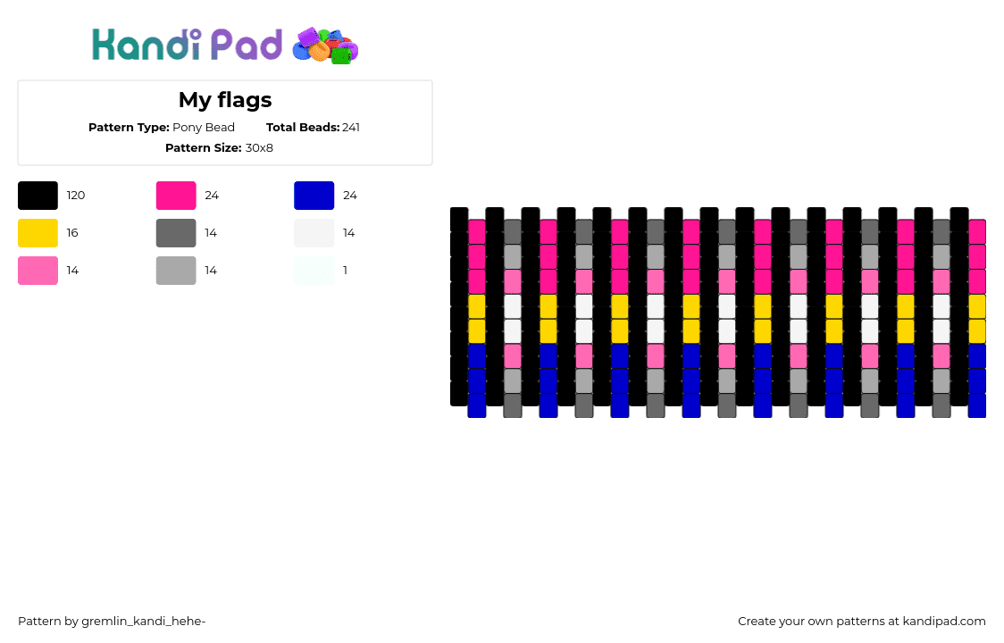 My flags - Pony Bead Pattern by gremlin_kandi_hehe- on Kandi Pad - pansexual,demigirl,pride,vertical,stripes,cuff,pink,yellow,blue,black