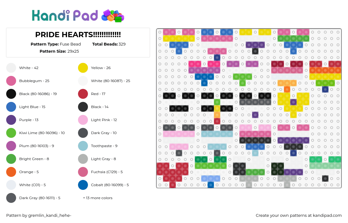 PRIDE HEARTS!!!!!!!!!!!!! - Fuse Bead Pattern by gremlin_kandi_hehe- on Kandi Pad - hearts,pride,charms,community,support,colorful