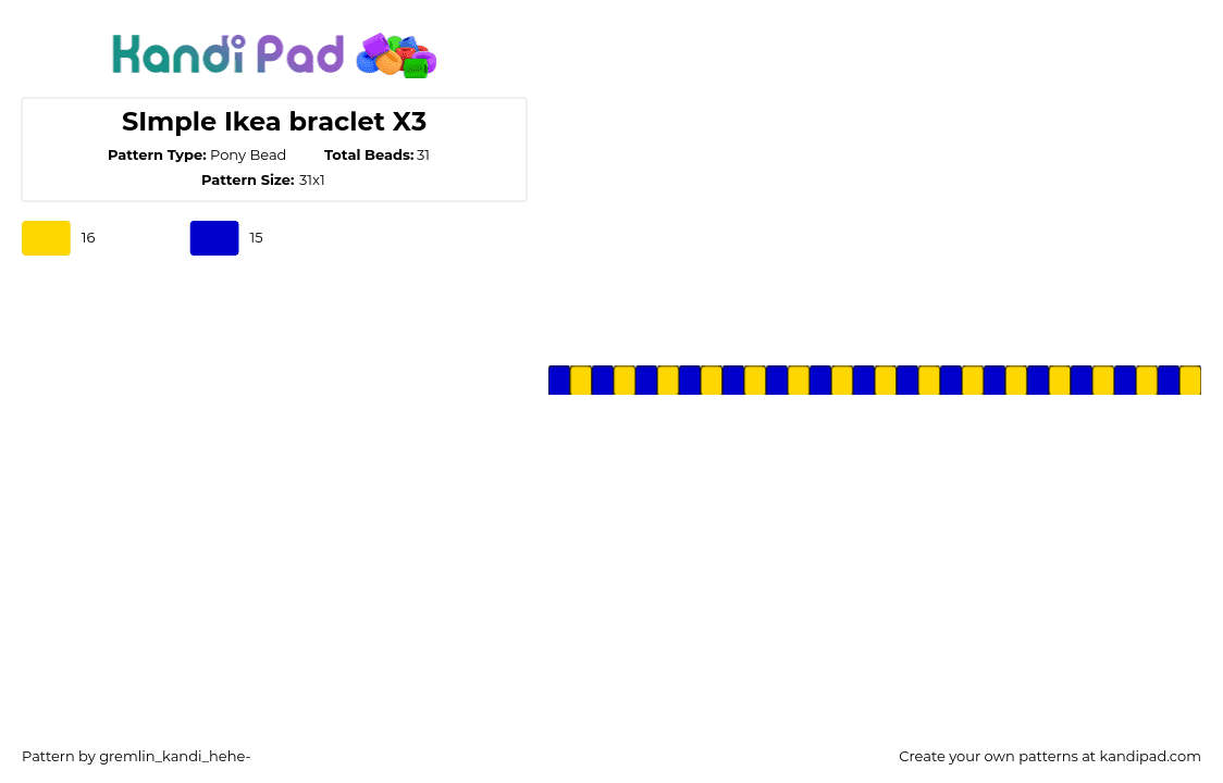 SImple Ikea braclet X3 - Pony Bead Pattern by gremlin_kandi_hehe- on Kandi Pad - ikea,stripes,simple,single,bracelet,yellow,blue