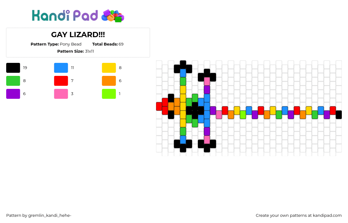 GAY LIZARD!!! - Pony Bead Pattern by gremlin_kandi_hehe- on Kandi Pad - lizard,gay,pride,rainbow,charm