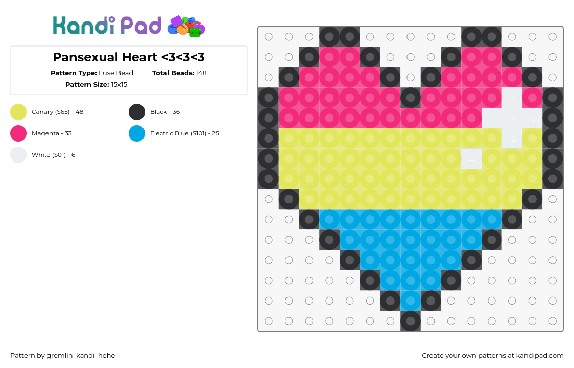 PANSEXUAL HEART!!!!!!!!!! - Fuse Bead Pattern by gremlin_kandi_hehe- on Kandi Pad - pansexual,heart,pride,pink,yellow,light blue