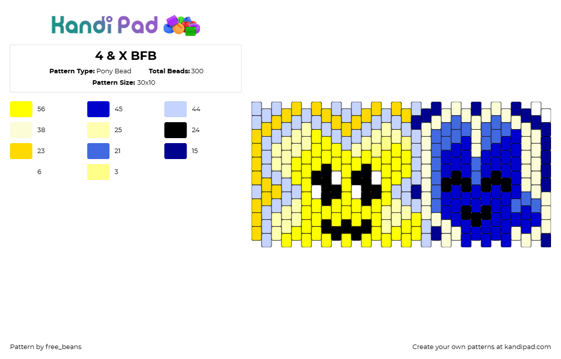 4 & X BFB - Pony Bead Pattern by free_beans on Kandi Pad - 4,x,bfb,battle for dream island,characters,animation,tv show,cute,smile,cuff,yellow,blue