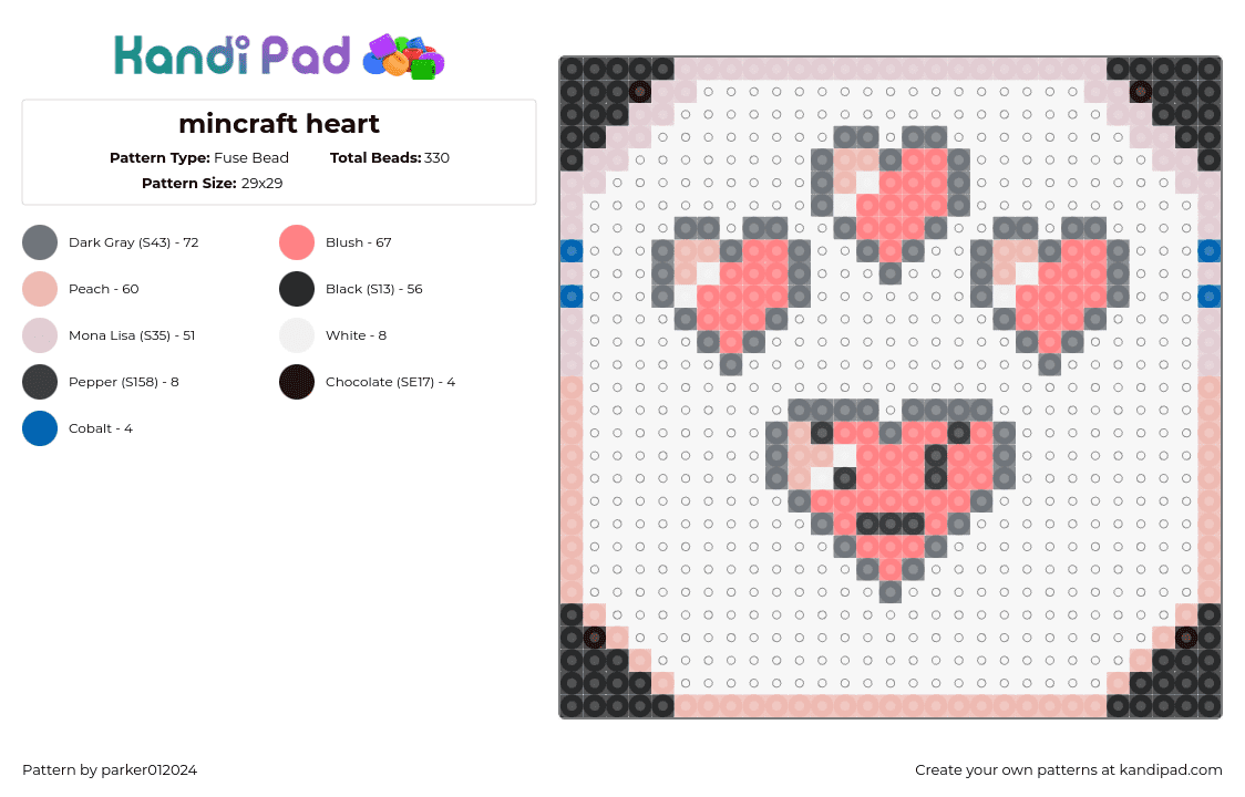 mincraft heart - Fuse Bead Pattern by parker012024 on Kandi Pad - hearts,minecraft,life,health,video game,pink