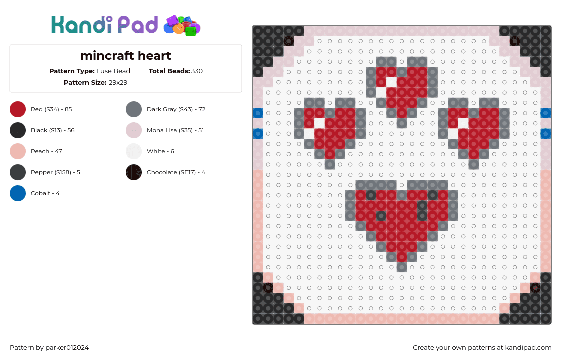 mincraft heart - Fuse Bead Pattern by parker012024 on Kandi Pad - hearts,minecraft,life,health,video game,pink