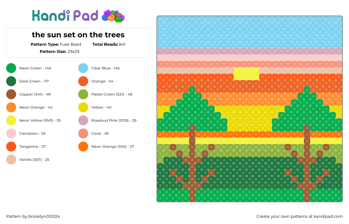 the sun set on the trees - Fuse Bead Pattern by brooklyn012024 on Kandi Pad - sunset,trees,nature,landscape,panel,orange,green,light blue