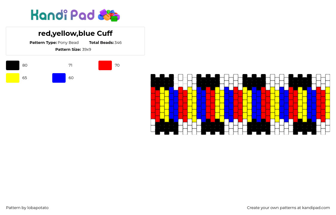 red,yellow,blue Cuff - Pony Bead Pattern by lobapotato on Kandi Pad - clowncore,colorful,cuff,stripes,checkered,red,yellow,blue,white,black