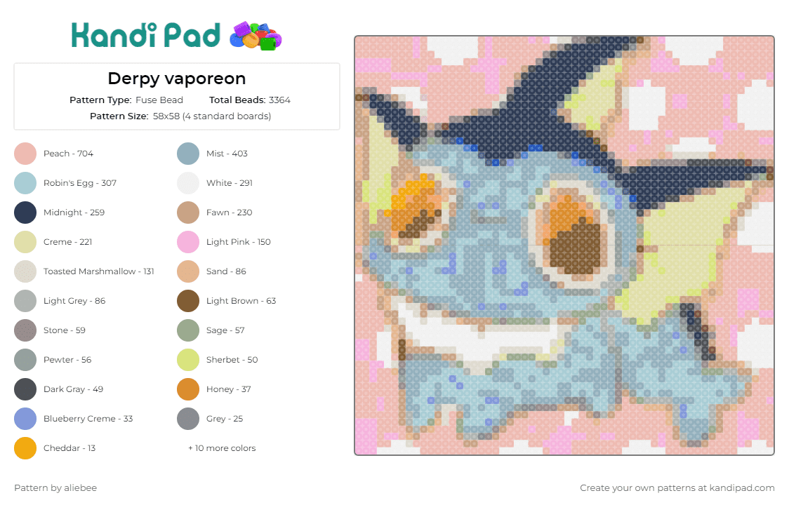 Derpy vaporeon - Fuse Bead Pattern by aliebee on Kandi Pad - vaporeon,pokemon,eevee,silly,whimsical,playful,character,blue