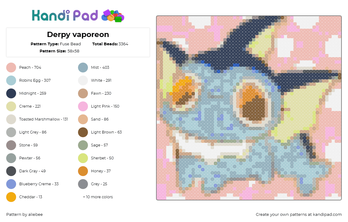 Derpy vaporeon - Fuse Bead Pattern by aliebee on Kandi Pad - vaporeon,pokemon,eevee,silly,whimsical,playful,character,blue