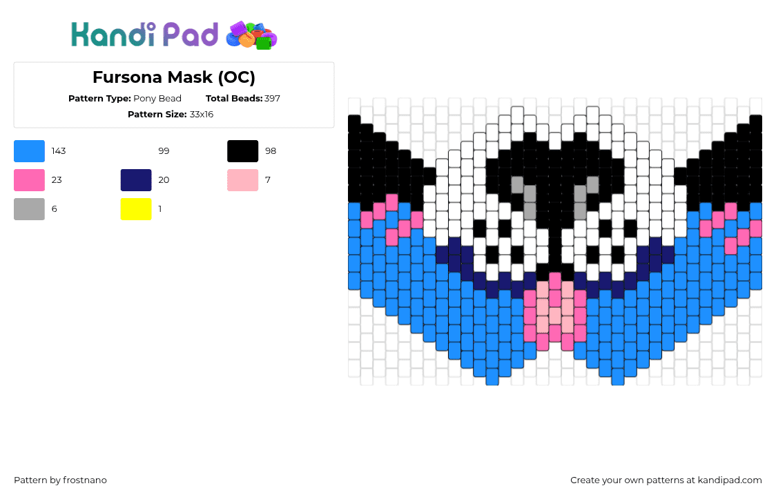 Fursona Mask (OC) - Pony Bead Pattern by frostnano on Kandi Pad - fursona,furry,community,mask,tongue,mouth,blue,white,black,pink