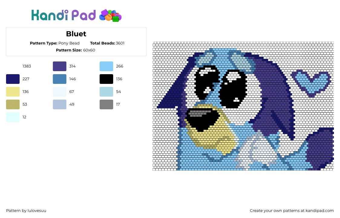 Bluet - Pony Bead Pattern by lulovesuu on Kandi Pad - bluey,character,dog,cute,panel,children,tv show,cartoon,heart,blue,light blue