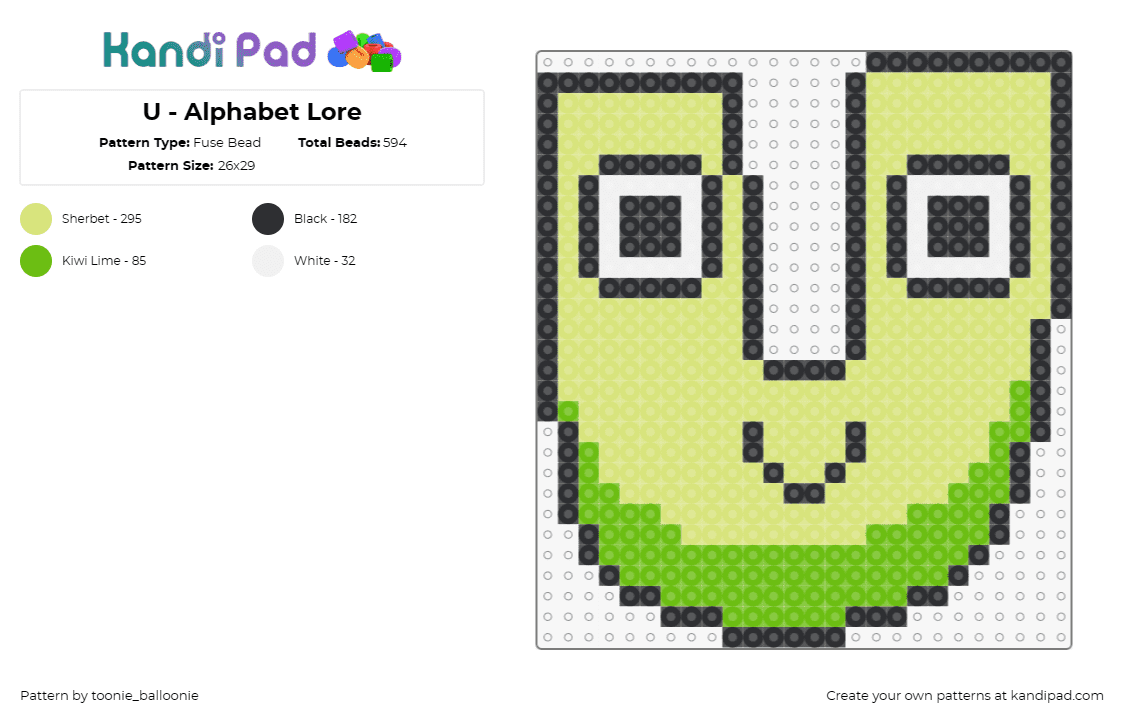 U - Alphabet Lore - Fuse Bead Pattern by toonie_balloonie on Kandi Pad - alphabet lore,letter,u,character,cartoon,smile,tv show,youtube,green