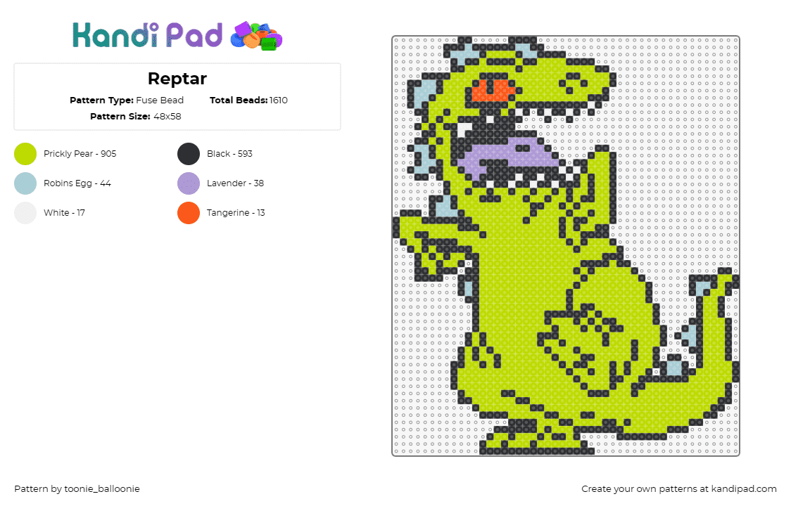 Reptar - Fuse Bead Pattern by toonie_balloonie on Kandi Pad - reptar,rugrats,dinosaur,character,cartoon,tv show,cute,nostalgia,happy,green