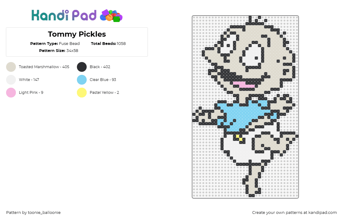 Tommy Pickles - Fuse Bead Pattern by toonie_balloonie on Kandi Pad - tommy pickles,rugrats,baby,character,cartoon,tv show,cute,nostalgia,happy,white,