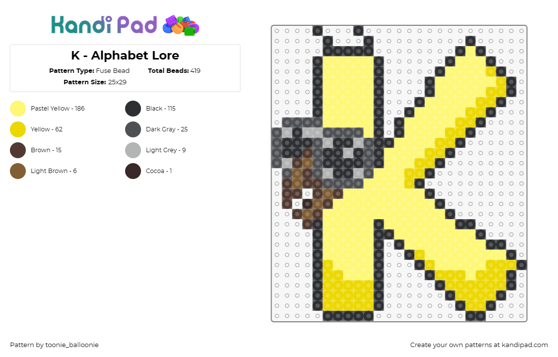 K - Alphabet Lore - Fuse Bead Pattern by toonie_balloonie on Kandi Pad - alphabet lore,letter,k,character,cartoon,tv show,youtube,yellow