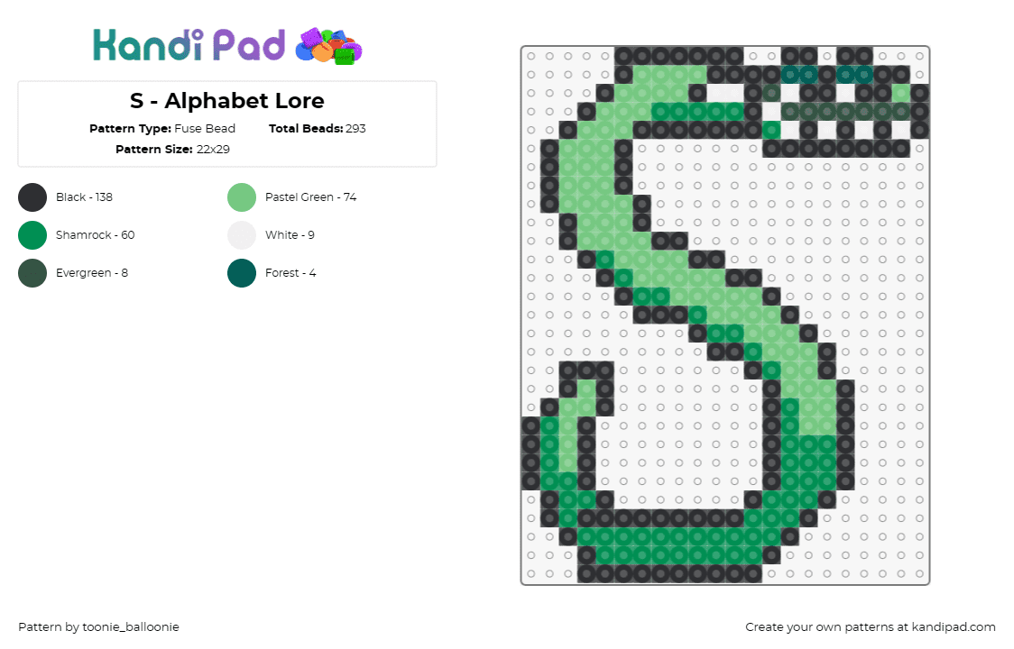 S - Alphabet Lore - Fuse Bead Pattern by toonie_balloonie on Kandi Pad - alphabet lore,letter,s,character,snake,cartoon,tv show,youtube,green