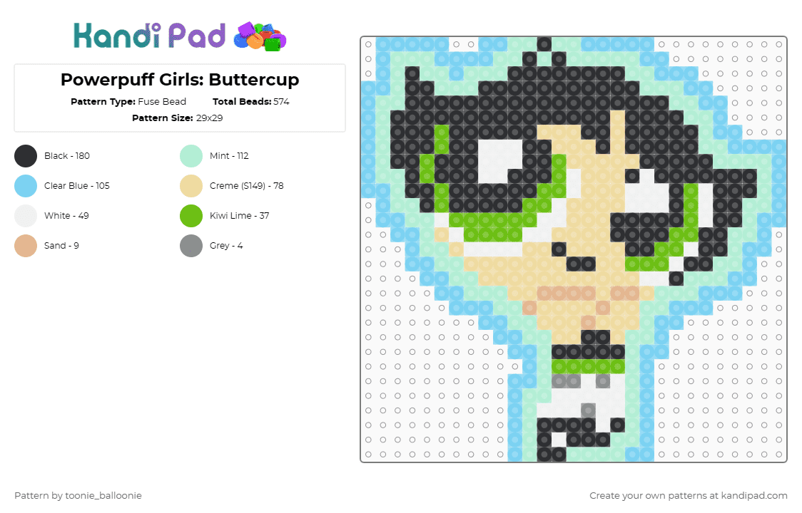 Powerpuff Girls: Buttercup - Fuse Bead Pattern by toonie_balloonie on Kandi Pad - buttercup,powerpuff girls,light blue,beige