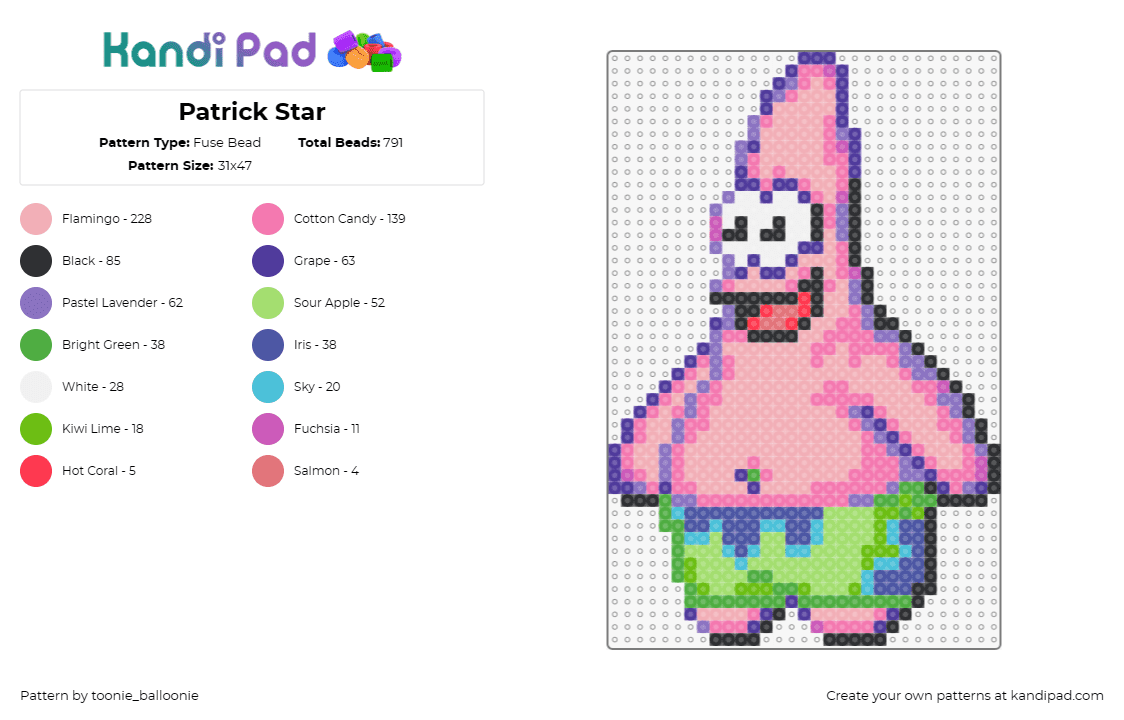 Patrick Star - Fuse Bead Pattern by toonie_balloonie on Kandi Pad - patrick,spongebob squarepants,starfish,tv show,character,smile,happy,cartoon,pin