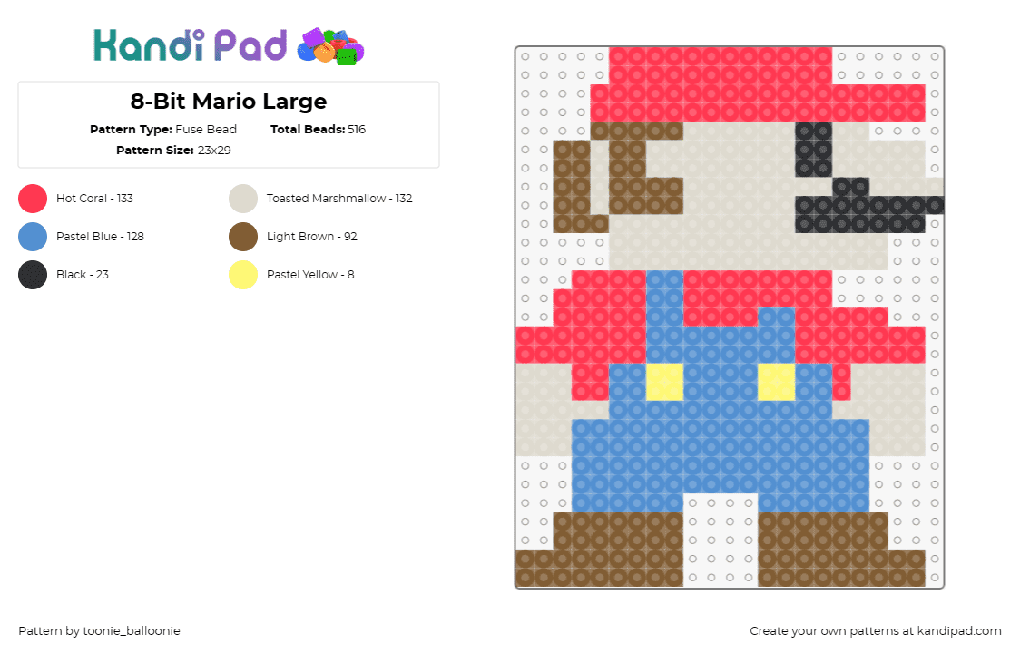 8-Bit Mario Large - Fuse Bead Pattern by toonie_balloonie on Kandi Pad - mario,8-bit,nintendo,video games