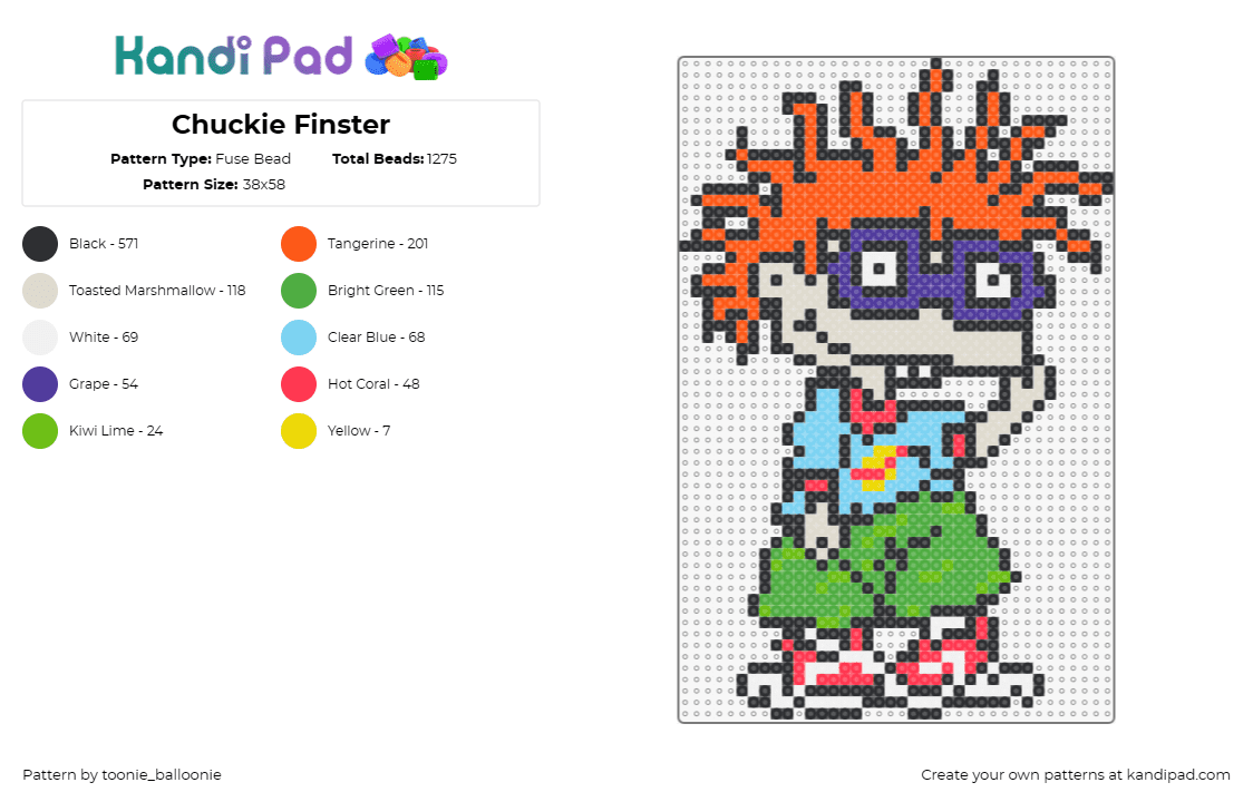 Chuckie Finster - Fuse Bead Pattern by toonie_balloonie on Kandi Pad - chuckie finster,rugrats,baby,character,cartoon,tv show,cute,nostalgia,orange,pur