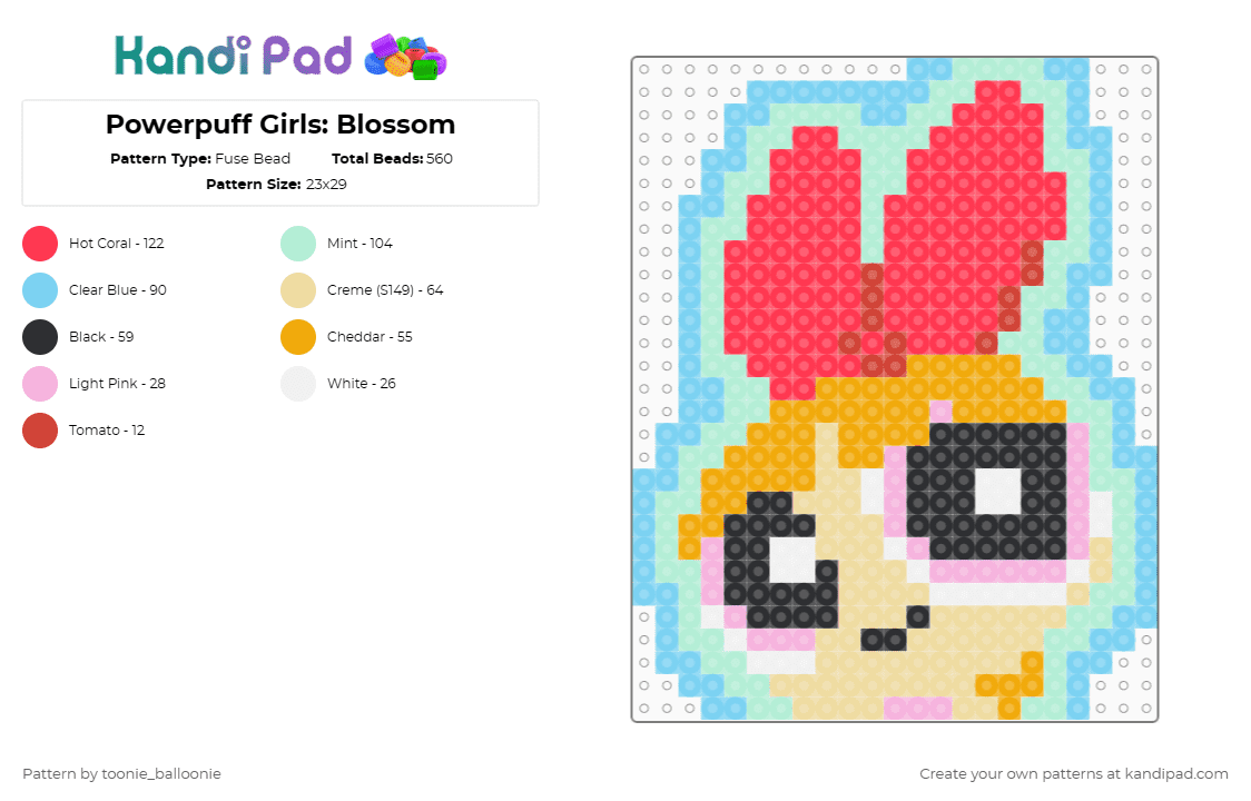 Powerpuff Girls: Blossom - Fuse Bead Pattern by toonie_balloonie on Kandi Pad - blossom,powerpuff girls,light blue,red