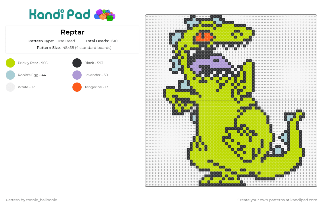 Reptar - Fuse Bead Pattern by toonie_balloonie on Kandi Pad - reptar,rugrats,dinosaur,cartoon,tv shows