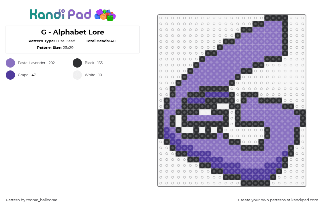 G - Alphabet Lore - Fuse Bead Pattern by toonie_balloonie on Kandi Pad - alphabet lore,letter,g,character,cartoon,tv show,youtube,purple