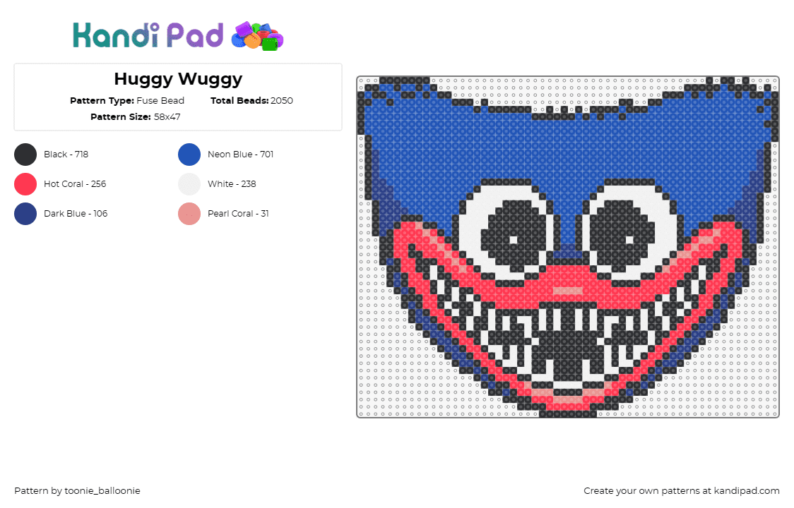 Huggy Wuggy - Fuse Bead Pattern by toonie_balloonie on Kandi Pad - huggy wuggy,poppy playtime,horror,character,video game,scary,monster,teeth,eyes,