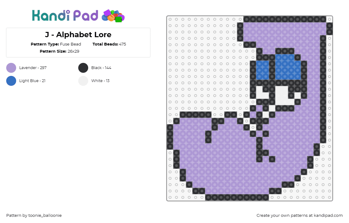 J - Alphabet Lore - Fuse Bead Pattern by toonie_balloonie on Kandi Pad - alphabet lore,letter,j,character,cartoon,pastel,tv show,youtube,purple