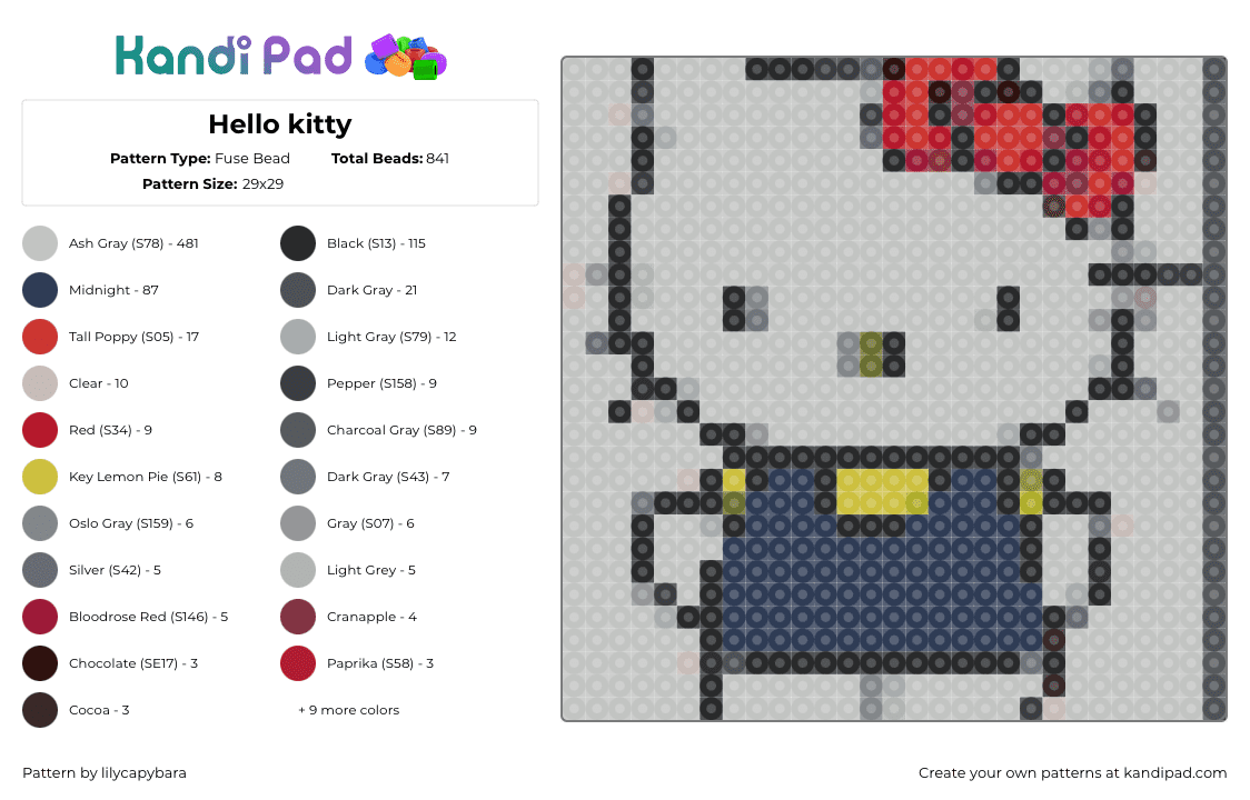 Hello kitty - Fuse Bead Pattern by lilycapybara on Kandi Pad - hello kitty,sanrio,character,panel,gray,blue,red