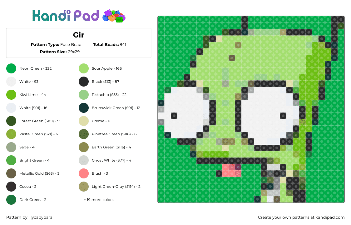 Gir - Fuse Bead Pattern by lilycapybara on Kandi Pad - gir,invader zim,character,portrait,panel,cartoon,tv show,green