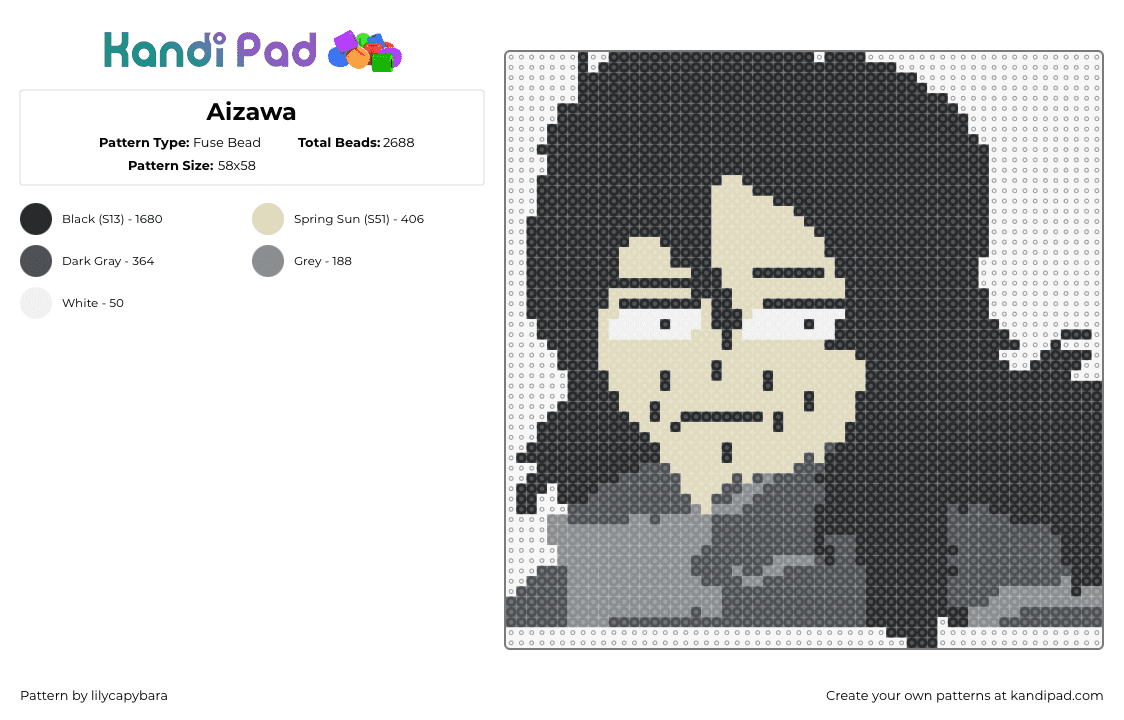 Aizawa - Fuse Bead Pattern by lilycapybara on Kandi Pad - shota aizawa,mha,my hero academia,portrait,manga,anime,tv show,character,beige,black,gray