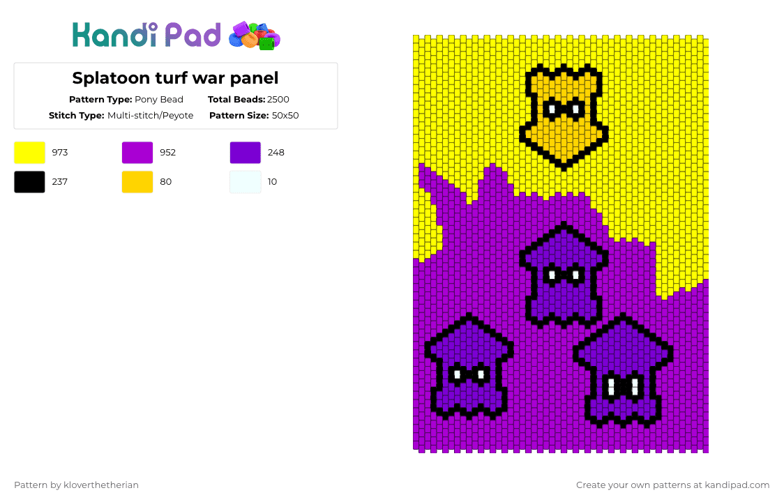 Splatoon turf war panel - Pony Bead Pattern by kloverthetherian on Kandi Pad - yellow,purple,game,splatoon,turf war,squid,ink,splat,nintendo