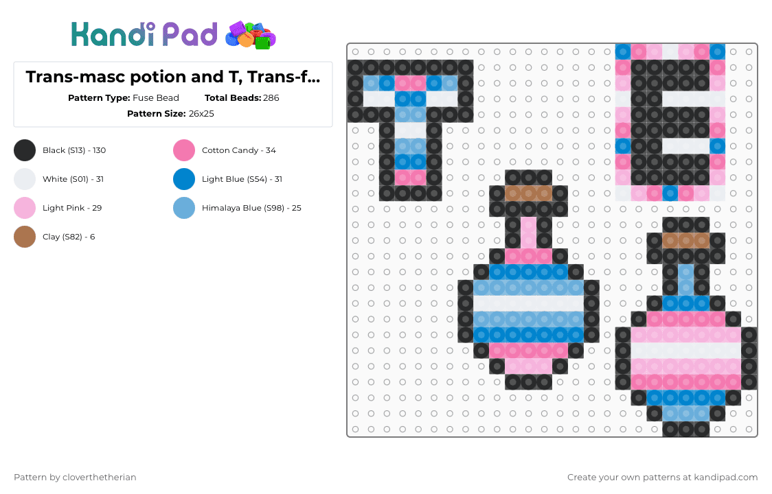 Trans-masc potion and T, Trans-femme potion and E - Fuse Bead Pattern by kloverthetherian on Kandi Pad - blue,pink