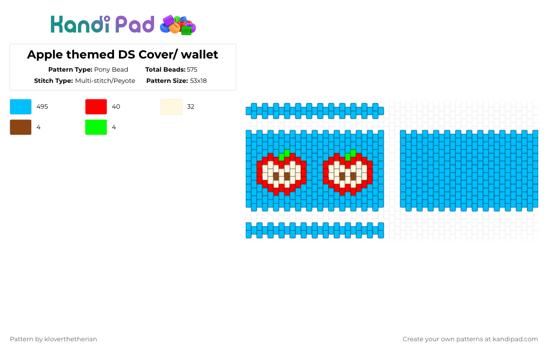 Apple themed DS Cover/ wallet - Pony Bead Pattern by kloverthetherian on Kandi Pad - light blue
