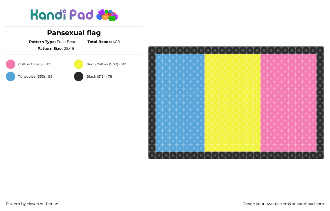 Pansexual flag - Fuse Bead Pattern by cloverthetherian on Kandi Pad - pansexual,pride,flag,panel,light blue,yellow,pink