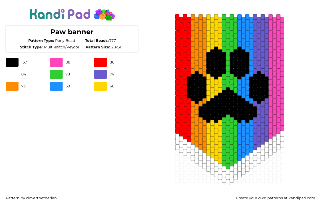 Paw banner - Pony Bead Pattern by kloverthetherian on Kandi Pad - orange,light blue,pink,colorful