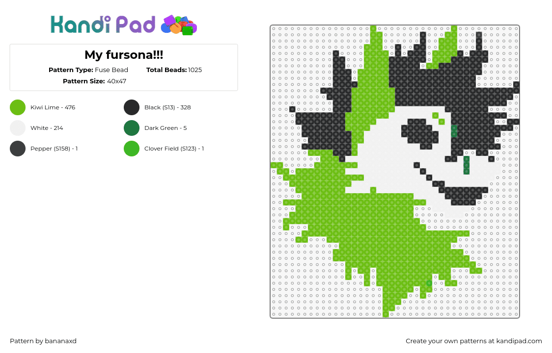 My fursona!!! - Fuse Bead Pattern by bananaxd on Kandi Pad - fursona,furry,community,black,white,green