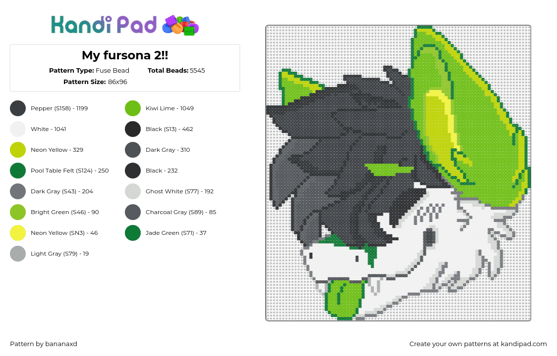 My fursona 2!! - Fuse Bead Pattern by bananaxd on Kandi Pad - fursona,furry,community,head,black,white,gray,green