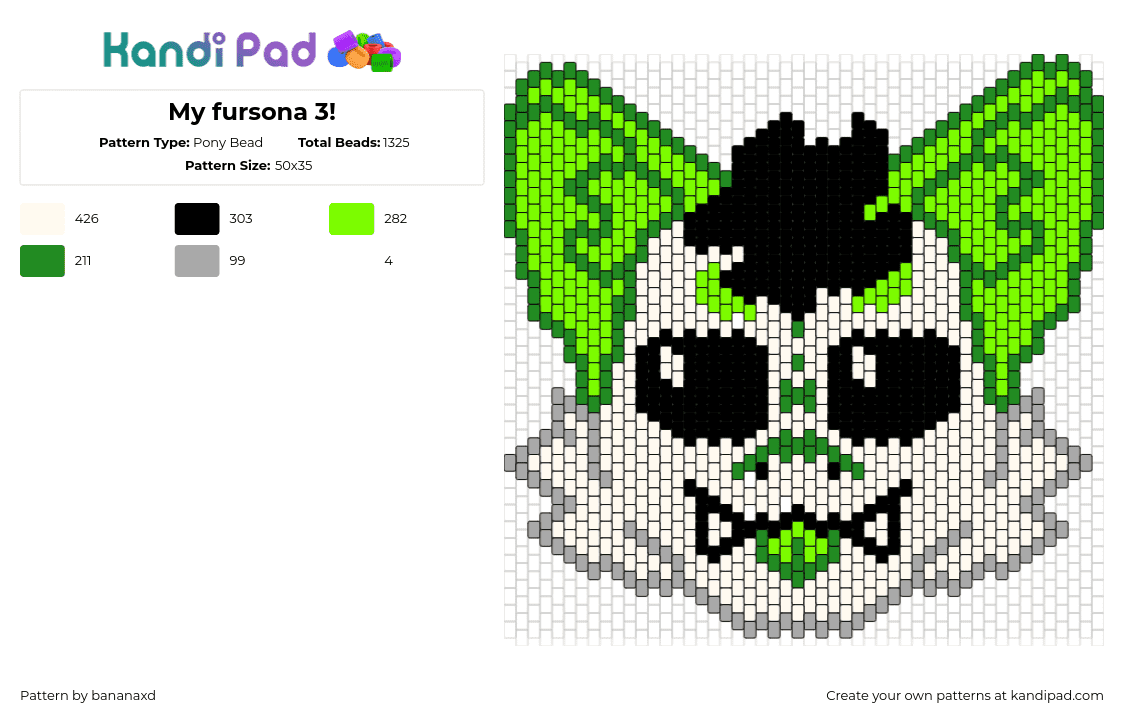 My fursona 3! - Pony Bead Pattern by bananaxd on Kandi Pad - fursona,furry,community,head,character,beige,green,black