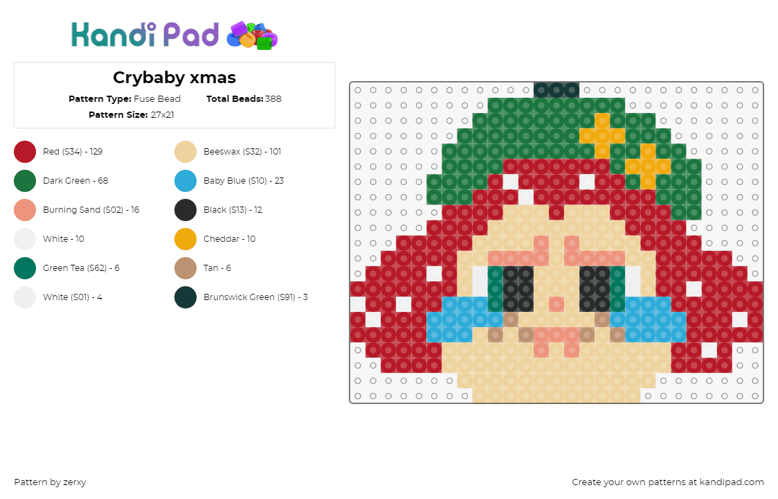 Crybaby xmas - Fuse Bead Pattern by zerxy on Kandi Pad - cry baby,labubu,christmas,plush,character,head,tan,green,red